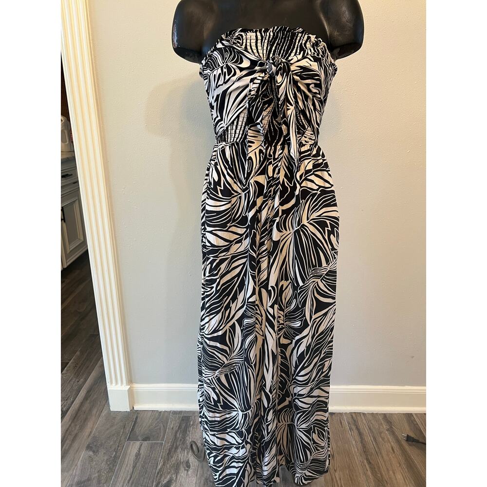 Patrons of Peace strapless tan/black‎ tropical wide leg jumpsuit XS beach cruise